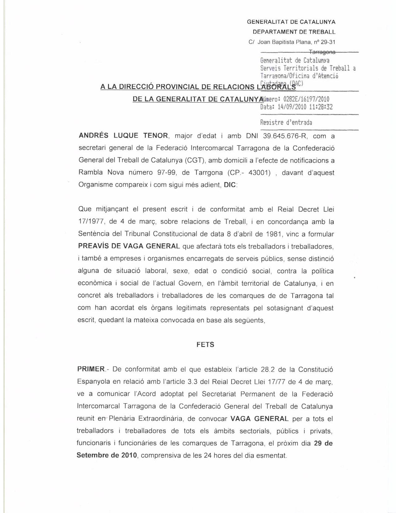 Primera pàgina amb registre d'entrada