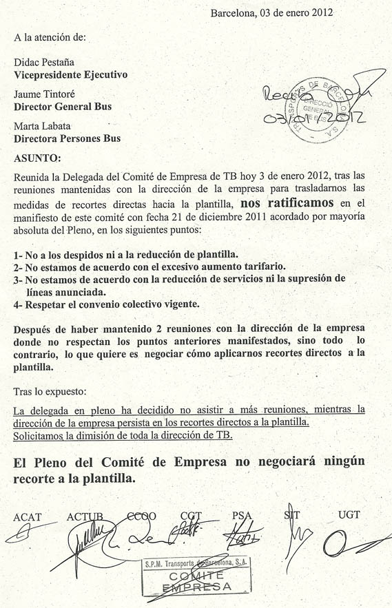 escrit a la Direcció de TMB
