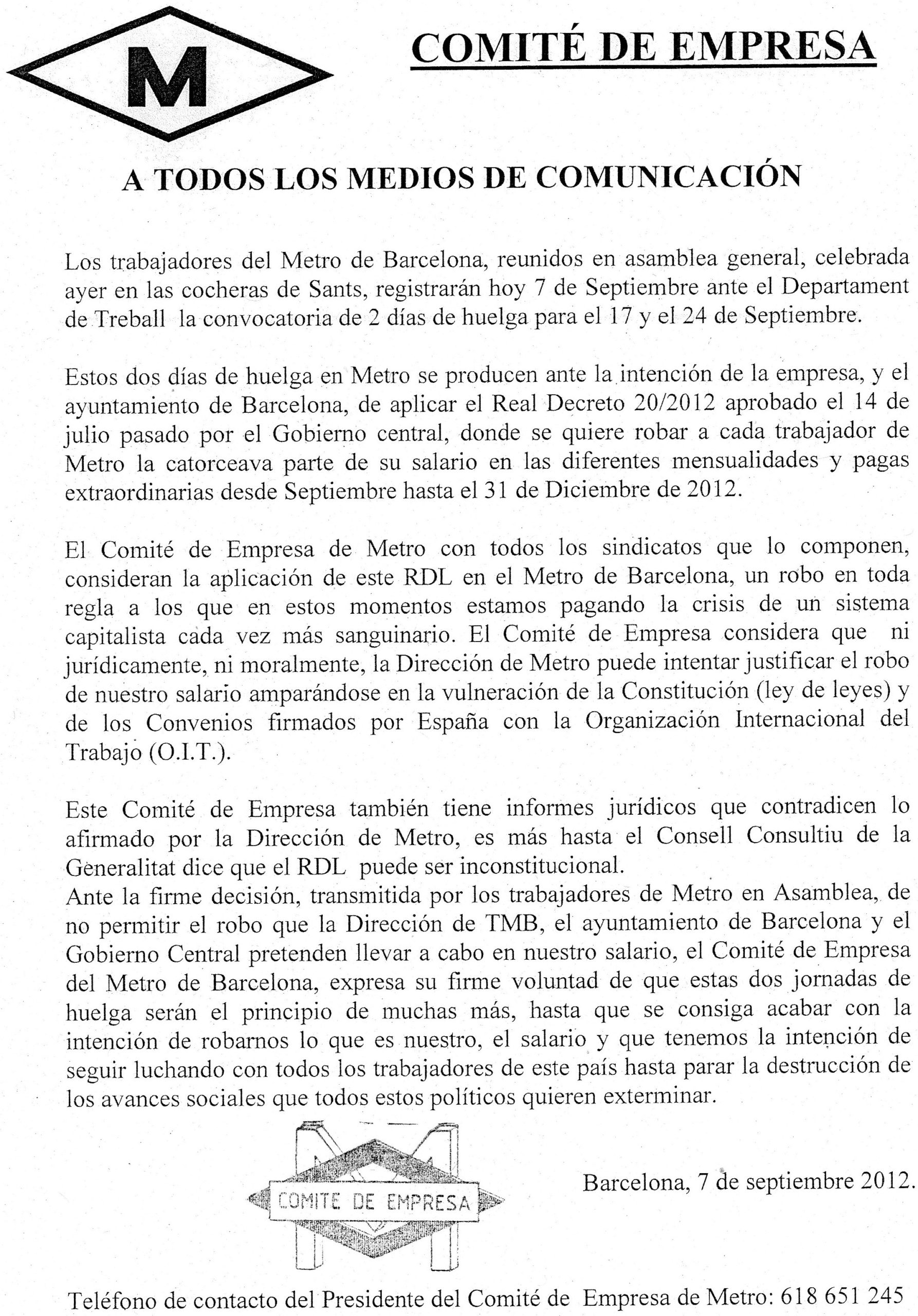 Nota premsa Comitè Metro